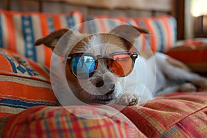 Dog in sunglasses, American flag holiday. Generative AI