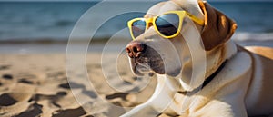 dog in sunglasses on the beach resting vacation resort . Travel promotion banner template Generative AI