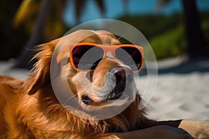 dog in sunglasses on the beach resting vacation resort . Travel promotion banner template Generative AI