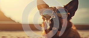 dog in sunglasses on the beach resting vacation resort . Travel promotion banner template Generative AI
