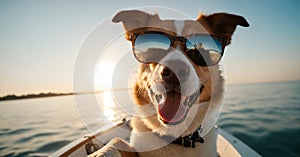 Dog in sunglasses on a boat. Selfie of a dog on a boat at sea.