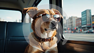 dog in sunglasses in car on the road, with street lights in background