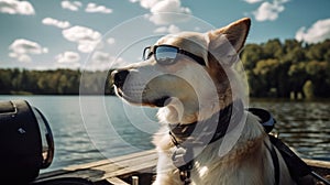 A Dog With Sunglasses Fishing At A Lake. Generative AI