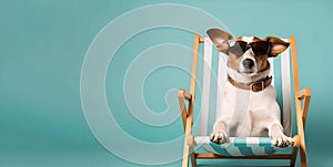 A dog in sunglasses lies in a beach lounger on a blue background, banner, Generative AI 1