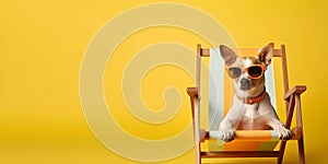 A dog in sunglasses lies in a beach lounger on a yellow background, vacation, banner, Generative AI