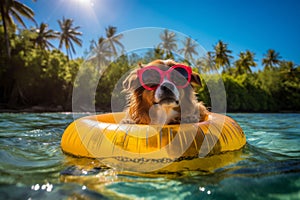 Dog with sunglasses in rubber ring swimming in ocean.