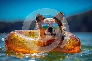 Dog with sunglasses in rubber ring swimming in ocean. Generative AI