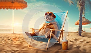 A dog in sunglasses sits on the beach with a cocktail is sitting in a beach chair. Horizontal banner. The concept of a summer