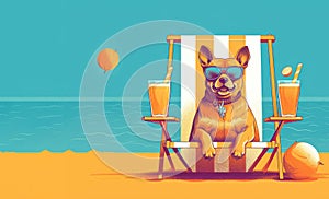 A dog in sunglasses sits on the beach with a cocktail is sitting in a beach chair