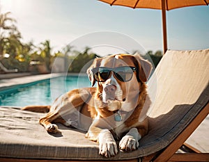 A dog in sunglasses sunbathes on a sunbed