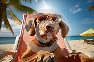 Dog in sunglasses takes on the role of a human on vacation