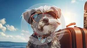 Dog in sunglasses with travel bag going on vacation, generative ai
