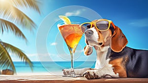 Dog in sunglasses and with a tropical cocktail is relaxing on the beach. Vacation concept at sea