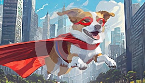 Dog superhero with red cape fly above street in big city hurry for help