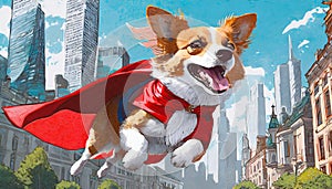 Dog superhero with red cape fly above street in big city hurry for help