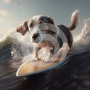 Dog surfer summer activity. Dog australian shepherd in summer beach surfing activity in sea water