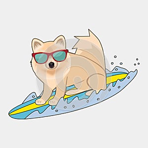 Dog surfing cute vector illustration on a blue background