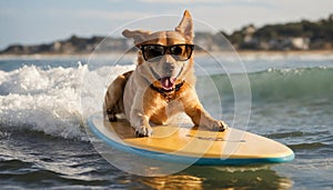 dog surfing on a surfboard wearing sunglasses at the ocean shore.