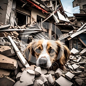 Dog surviving an earthquake - ai generated image