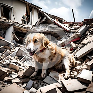 Dog surviving an earthquake - ai generated image