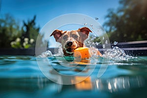 dog swimming with floating toys in sunlit pool