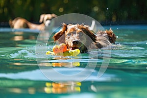 dog swimming with floating toys in sunlit pool