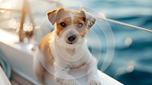 dog swimming on a luxury yacht deck against sea water on a bright sunny summer day