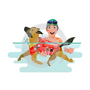 Dog swimming with owner. pet learn to swim concept -