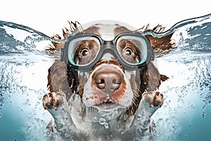 Dog swimming in the pool with swimming goggles. Generative AI.