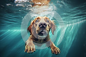 dog swimming pool vacation fun snorkeling underwater funny puppy water. Generative AI.