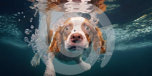The dog is swimming in underwater with AI generated.