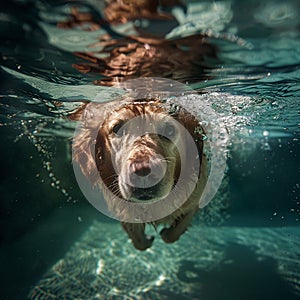 A dog swimming underwater in a pool, non-standard angle, authentic photo