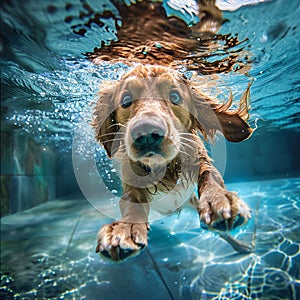 A dog swimming underwater in a pool, non-standard angle