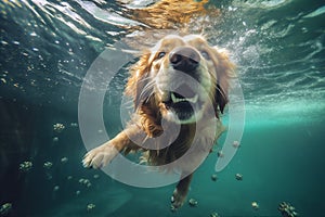 dog swimming vacation water snorkeling fun pool puppy underwater funny. Generative AI.