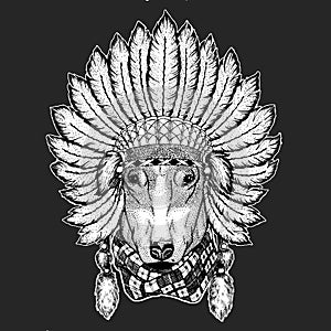 DOG for t-shirt design Traditional ethnic indian boho headdress Tribal shaman hat Ceremonial element