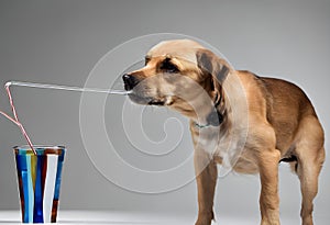 A dog taking a drink from a straw