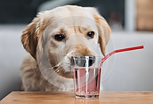 A dog taking a drink from a straw