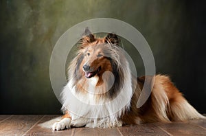 A dog on a textured canvas background in a photo studio.