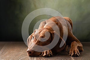 A dog on a textured canvas background in a photo studio.