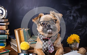 A dog in a tie and glasses with books. Concept of education, back to school.