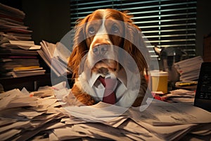 A dog in a tie sitting on top of a pile of papers, AI