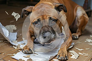 dog with torn papers and remorseful face