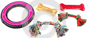 Dog toys, chewing bone and rope, isolated on white . Collage. Wide photo