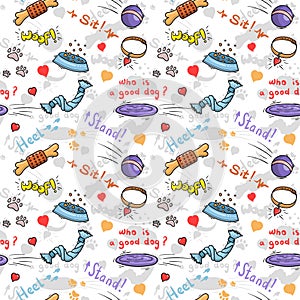Dog toys seamless print. Puppies vector background