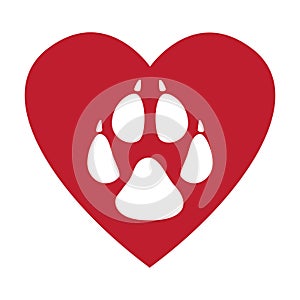 Dog track - animal footprint, Red and white vector illustration. I love my dog. A slogan concept for dog lovers.