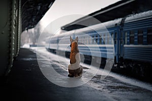 Dog at the train station. Traveling with the pet.