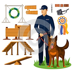 Dog trainer and agility obstacles. Policeman photo