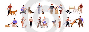 Dog trainers set. Pet owners, sitters training obedience, teaching commands with canine animals, playing with agile