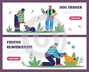 Dog training advertising web banners set, flat vector illustration.