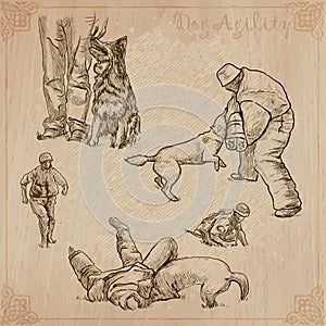 Dog training. Collection. Pack of freehand vector sketches. Line art